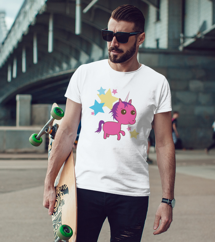 Pink Trippin Sparkles Unicorn With Colorful Stars T-Shirt