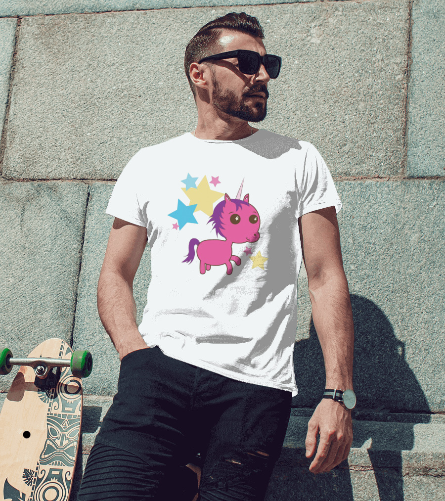 Pink Trippin Sparkles Unicorn With Colorful Stars T-Shirt