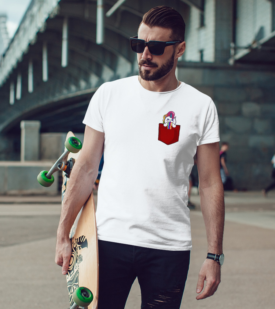 Crying Rainbow Unicorn In Red Pocket T-Shirt
