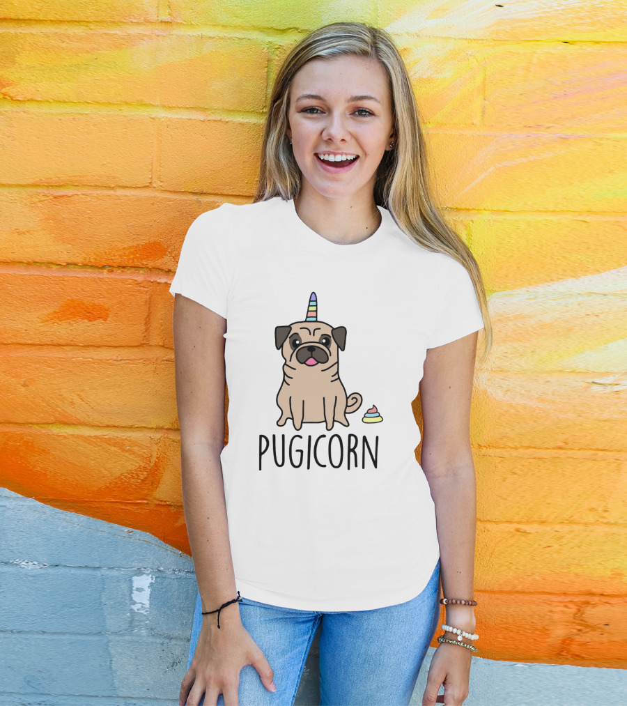 Pugicorn Rainbow Unicorn Horn Pug With Colorful Poop T-Shirt