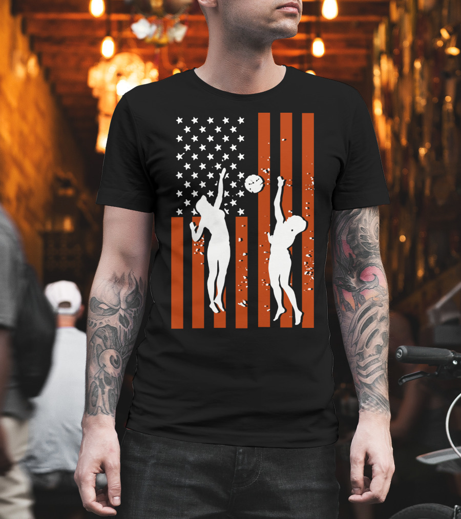Volleyball Silhouettes Against American Flag Patriotic Sports Scene T-Shirt