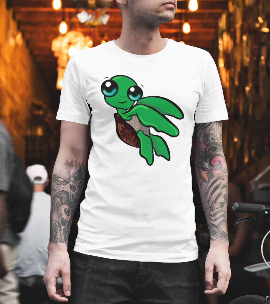 Funky Turtle Cute Green Cartoon Character With Big Eyes T-Shirt