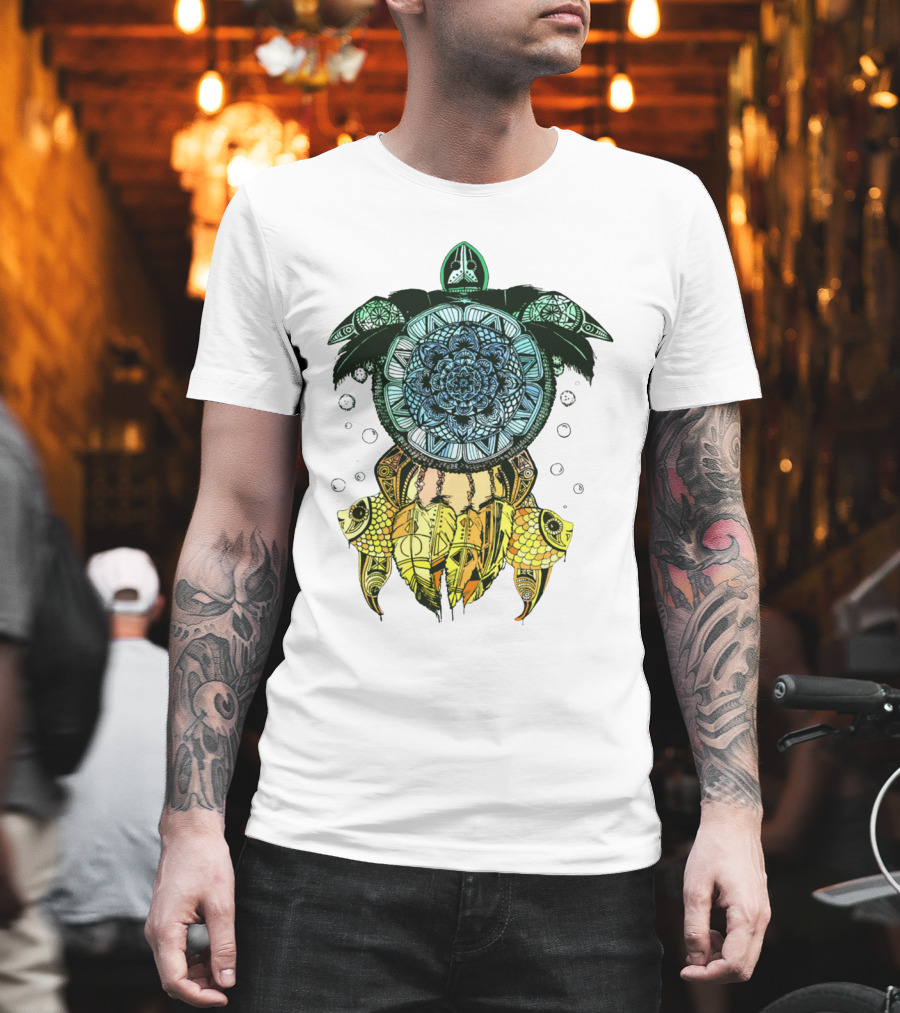 Dreamcatcher Flower of Life Turtle with Intricate Mandala Feather and Geometric T-Shirt
