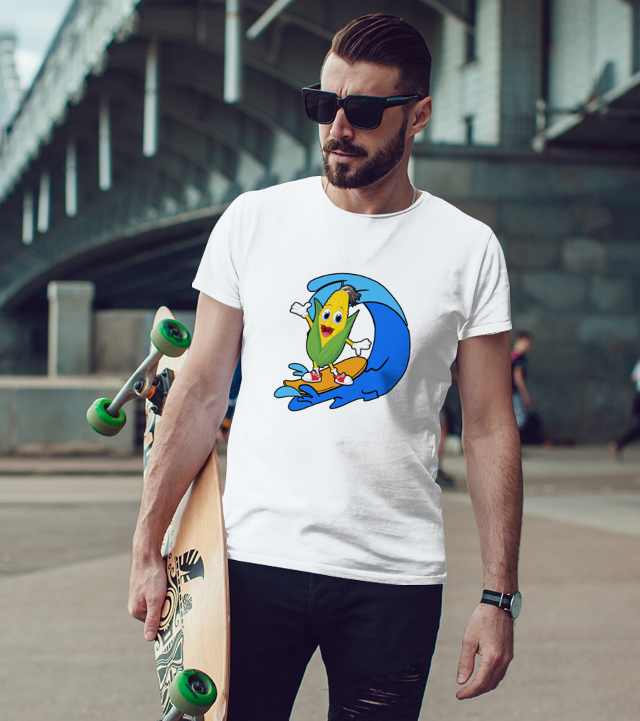 Corn On Surfboard Riding Blue Ocean Wave T-Shirt