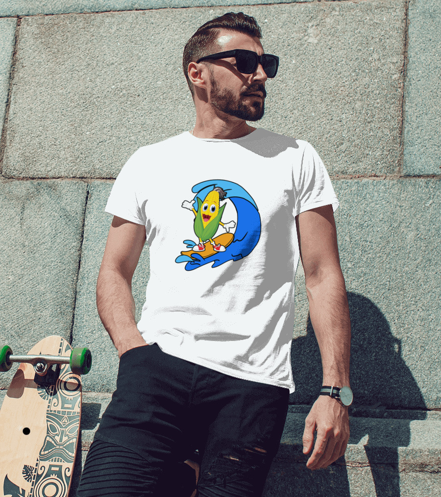 Corn On Surfboard Riding Blue Ocean Wave T-Shirt