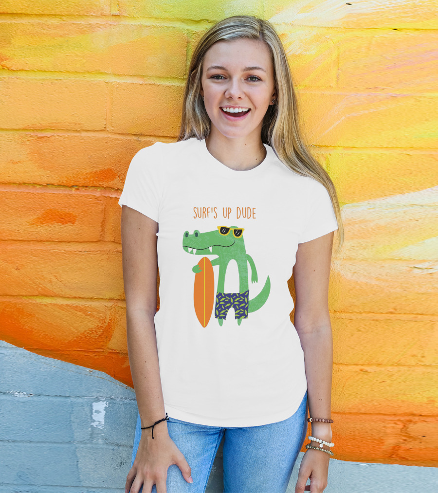 Surf's Up Dude Cool Crocodile In Sunglasses With Surfboard And Tropical Shorts T-Shirt