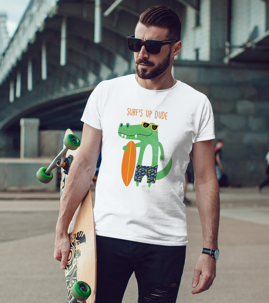 Surf's Up Dude Cool Crocodile In Sunglasses With Surfboard And Tropical Shorts T-Shirt