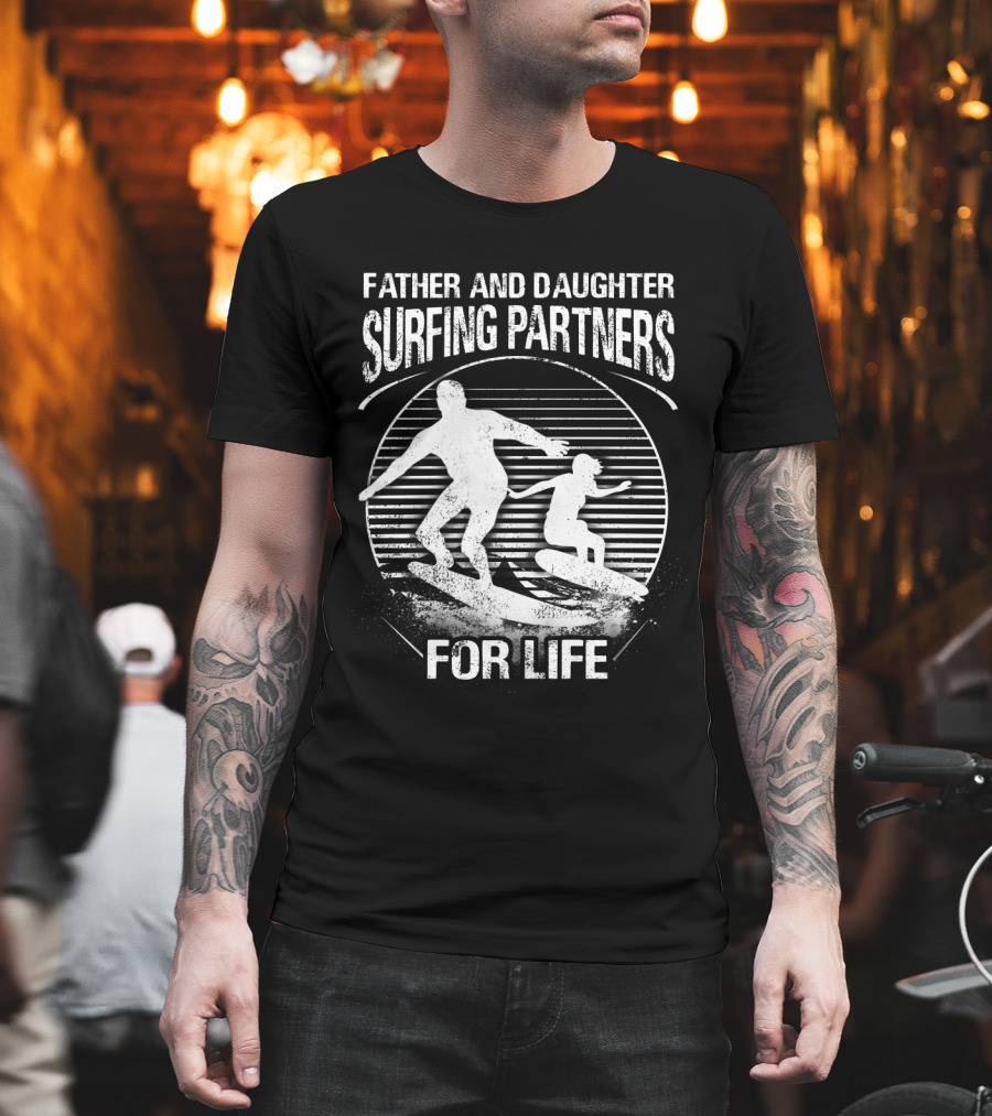 Father and Daughter Surfing Partners for Life Silhouette Scene T-Shirt