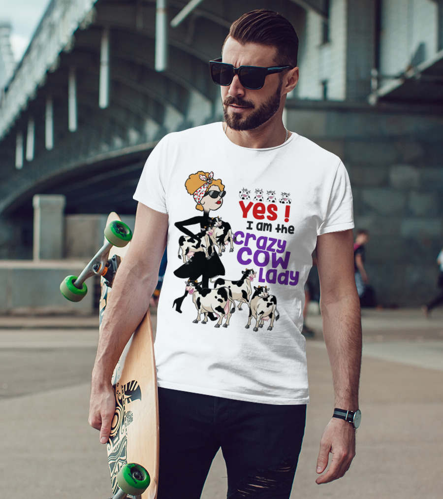 Yes I Am The Crazy Cow Lady With Cartoon Cows And Stylish Woman In Red Bandana And Sunglasses T-Shirt
