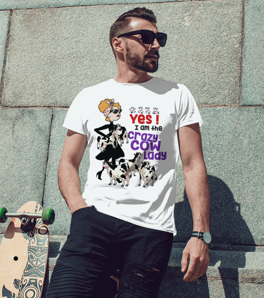 Yes I Am The Crazy Cow Lady With Cartoon Cows And Stylish Woman In Red Bandana And Sunglasses T-Shirt