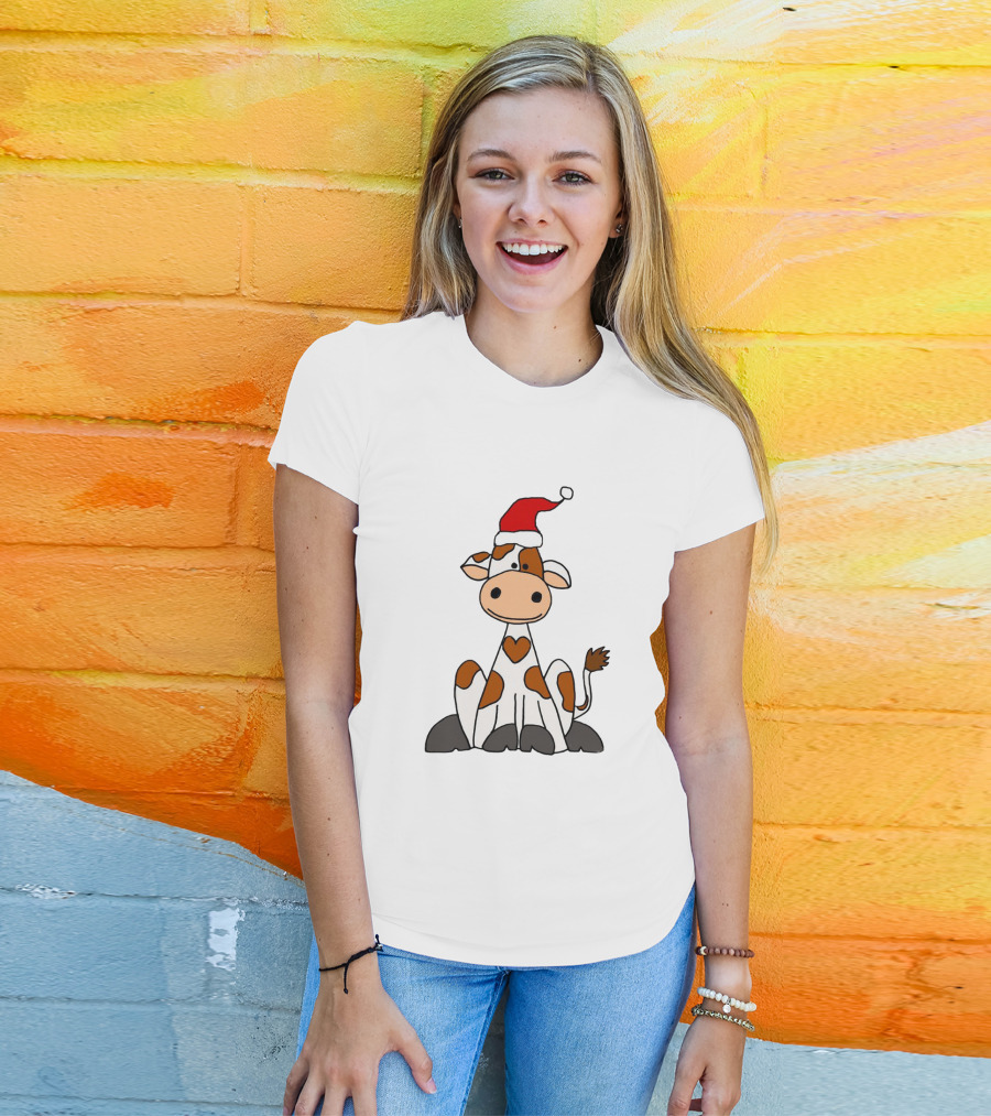 Cute Brown And White Cow Wearing Christmas Santa Hat Cartoon T-Shirt