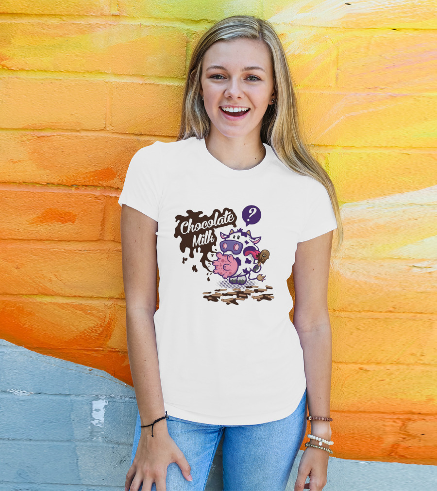 Chocolate Milk Cow Cartoon With Ice Cream And Question Mark By Squinked T-Shirt