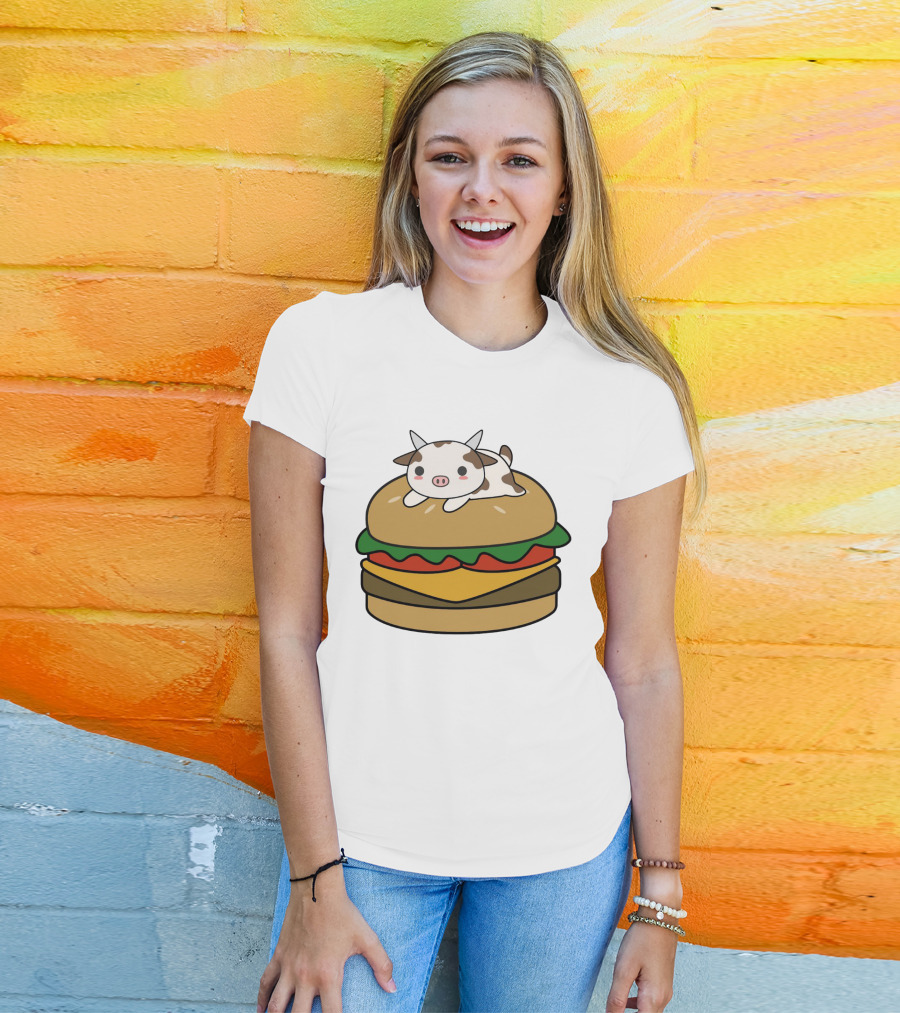 Funny Burger Cow Kawaii Cartoon Cheeseburger With Cute Animal Topping T-Shirt