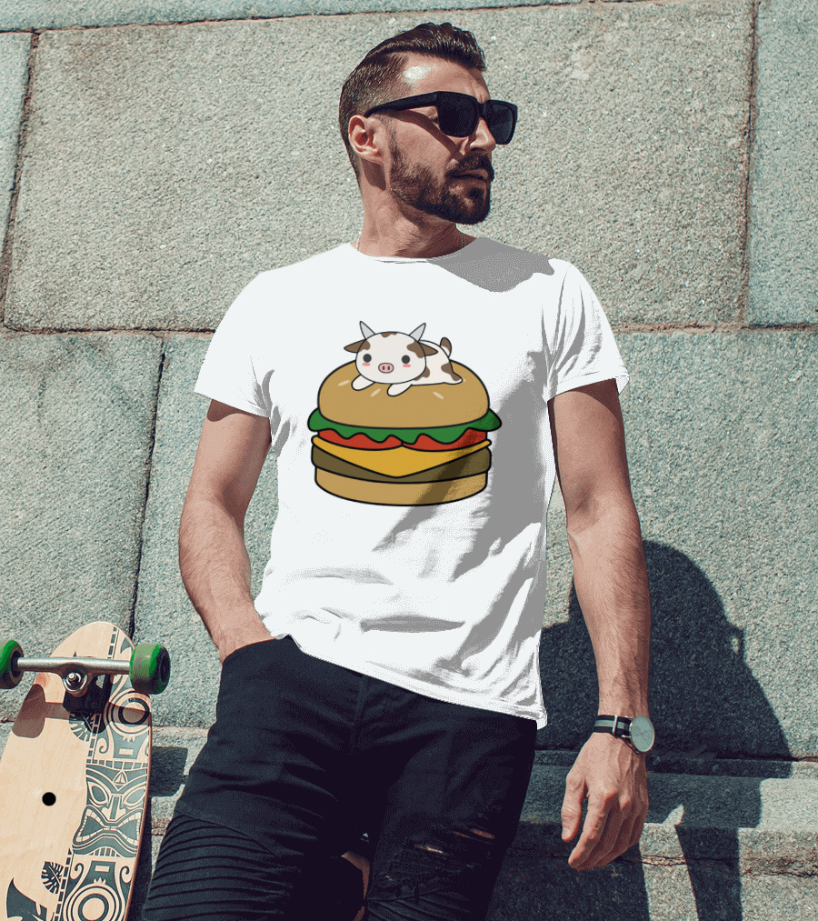 Funny Burger Cow Kawaii Cartoon Cheeseburger With Cute Animal Topping T-Shirt