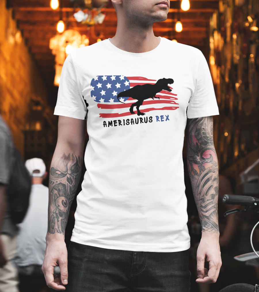 Amerisaurus Rex Dinosaur Silhouette With American Flag T-Shirt