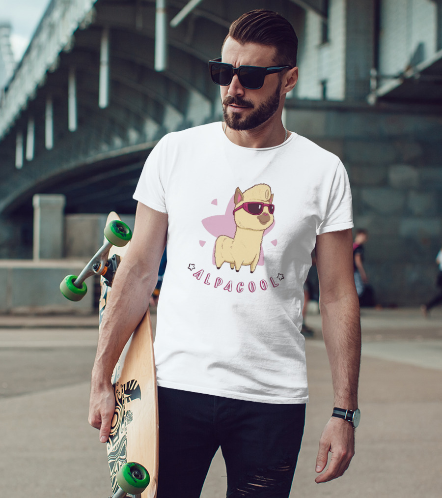 Alpacool Sunglasses-Wearing Alpaca With Pink Heart Background T-Shirt