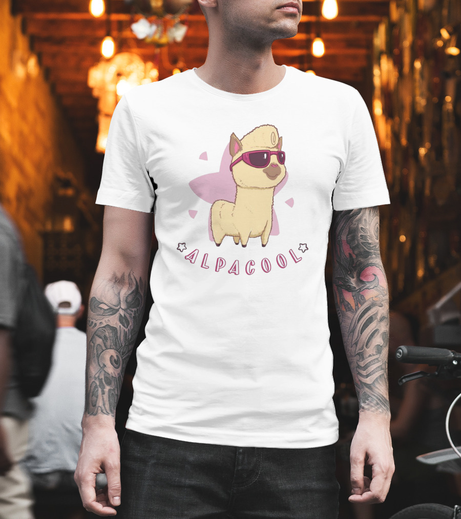 Alpacool Sunglasses-Wearing Alpaca With Pink Heart Background T-Shirt