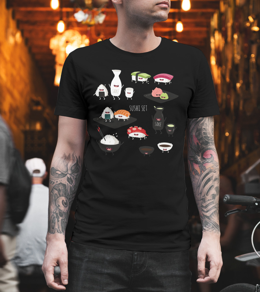 Sushi Set With Happy Sake Characters And Cute Cartoon Sushi Rolls T-Shirt