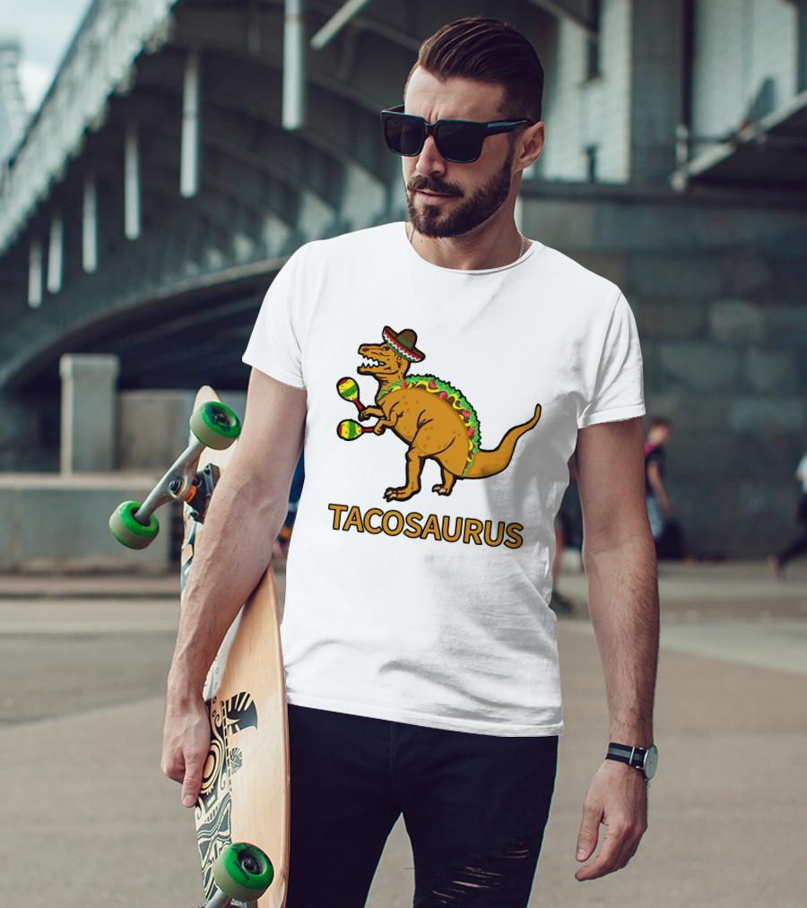 Tacosaurus Sombrero Dinosaur With Maracas Taco Lover Fiesta Fun T-Shirt