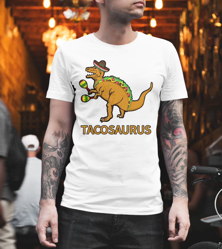 Tacosaurus Sombrero Dinosaur With Maracas Taco Lover Fiesta Fun T-Shirt