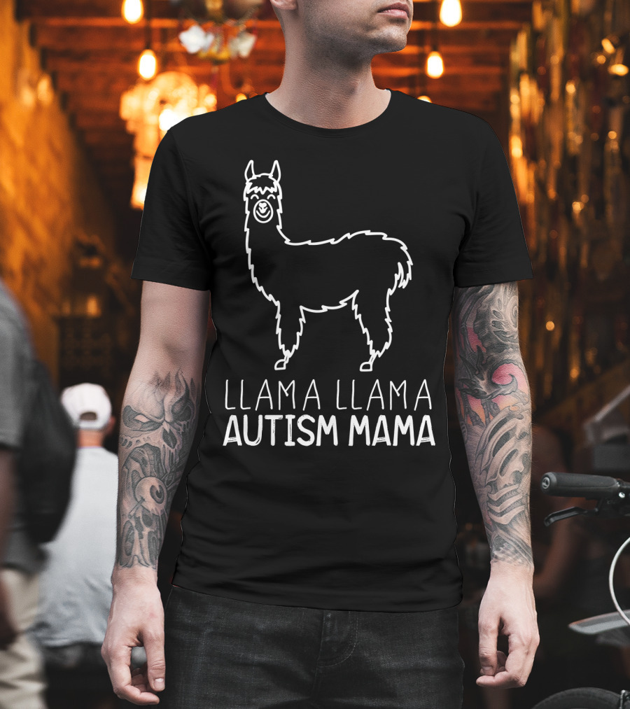 Llama Llama Autism Mama White Outline T-Shirt
