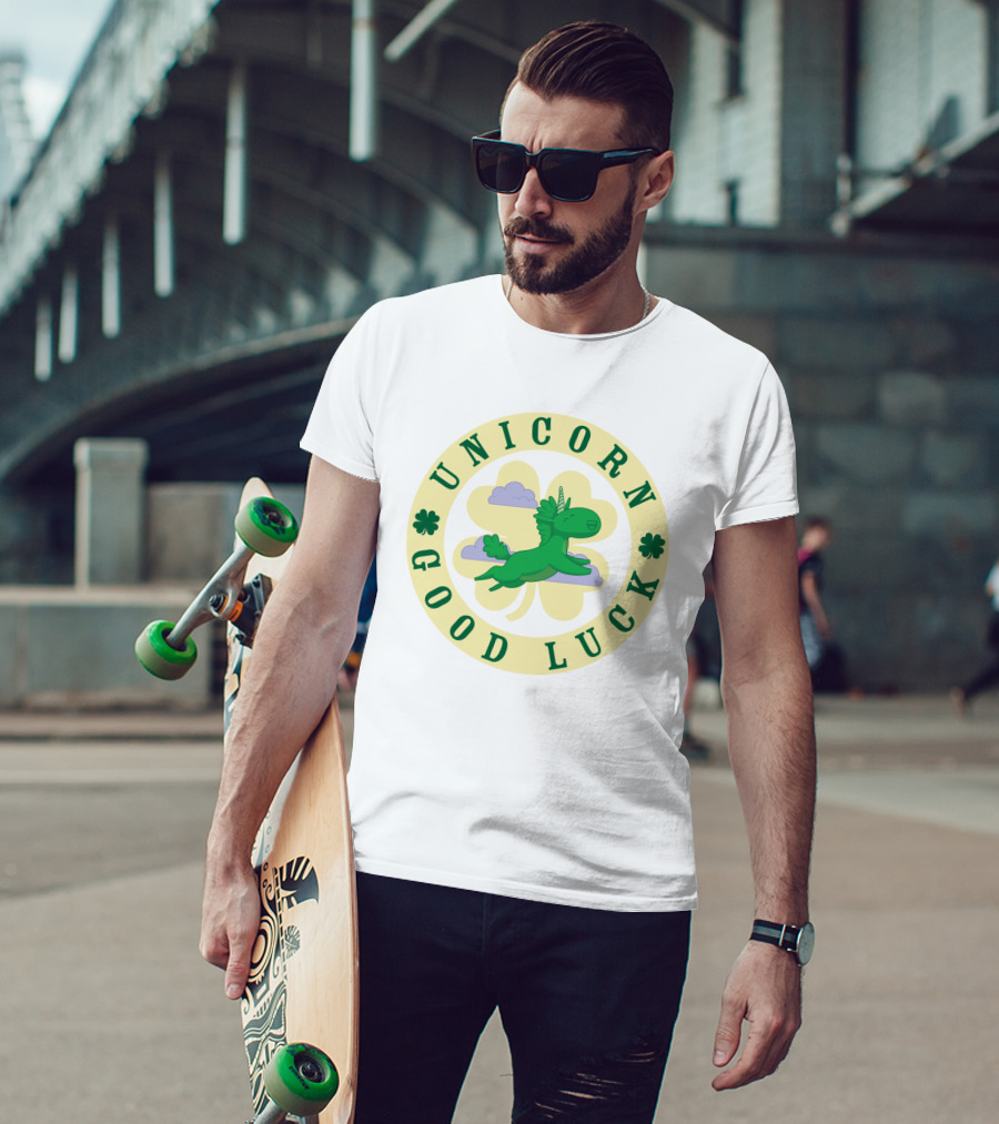 Unicorn Good Luck Clover Clouds Green Flying T-Shirt