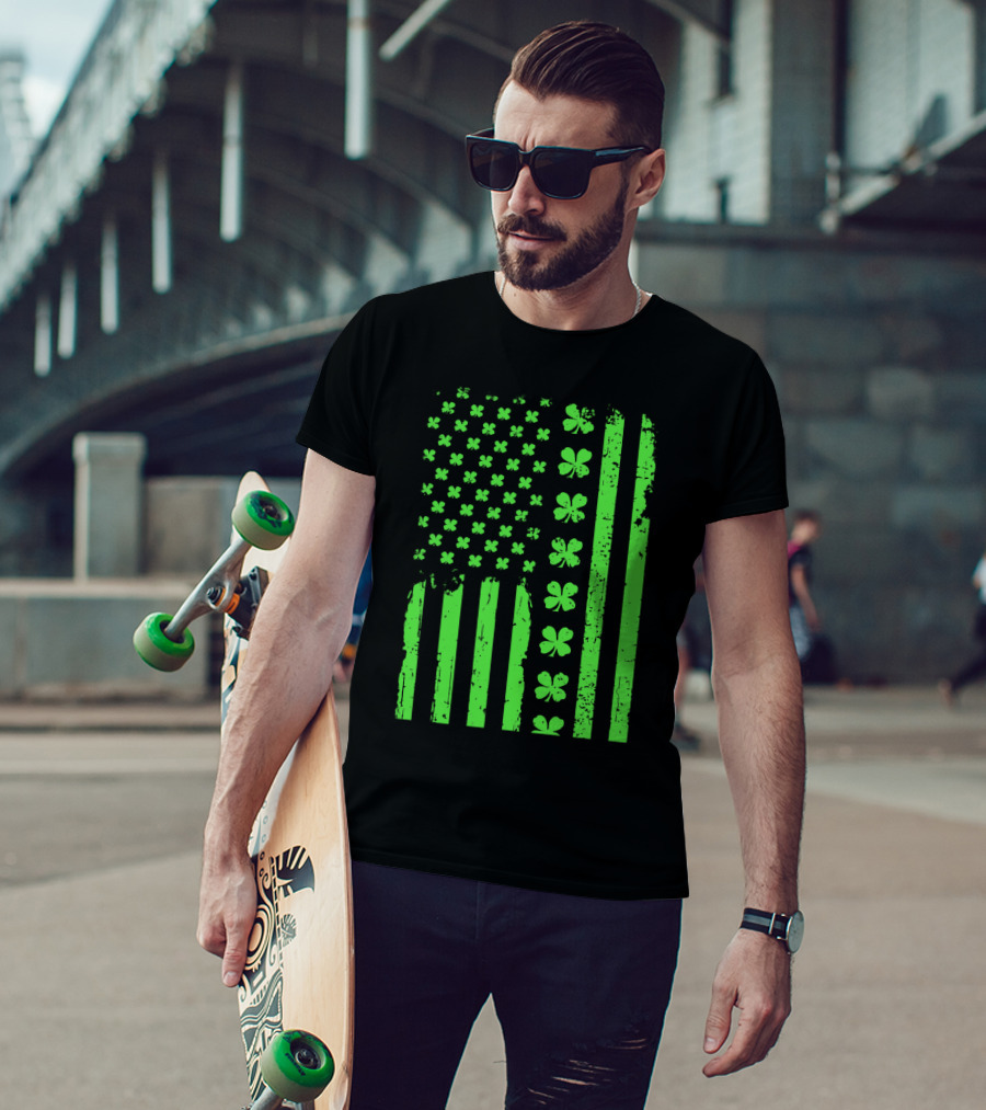 American Flag Green Clover Shamrock T-Shirt