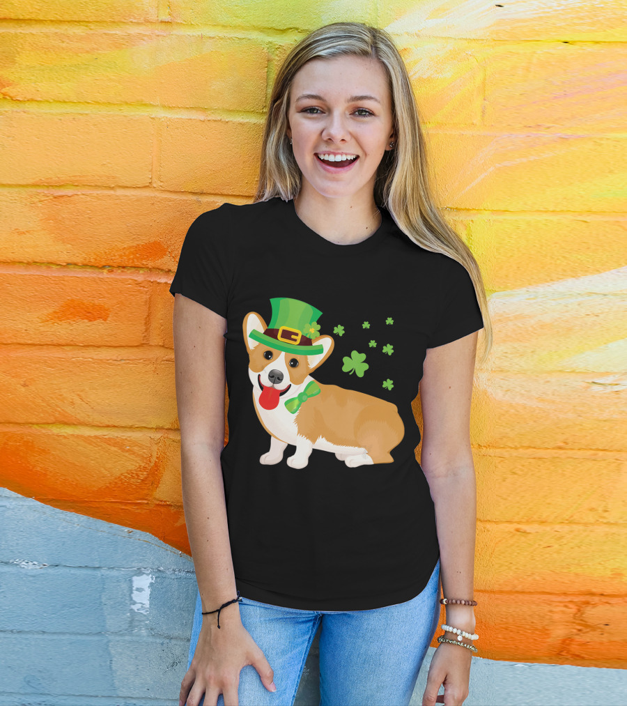 Corgi St Patrick's Day Lucky Shamrocks And Green Leprechaun Hat T-Shirt
