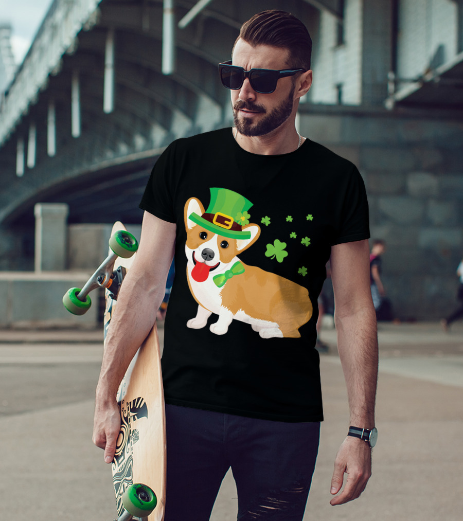 Corgi St Patrick's Day Lucky Shamrocks And Green Leprechaun Hat T-Shirt