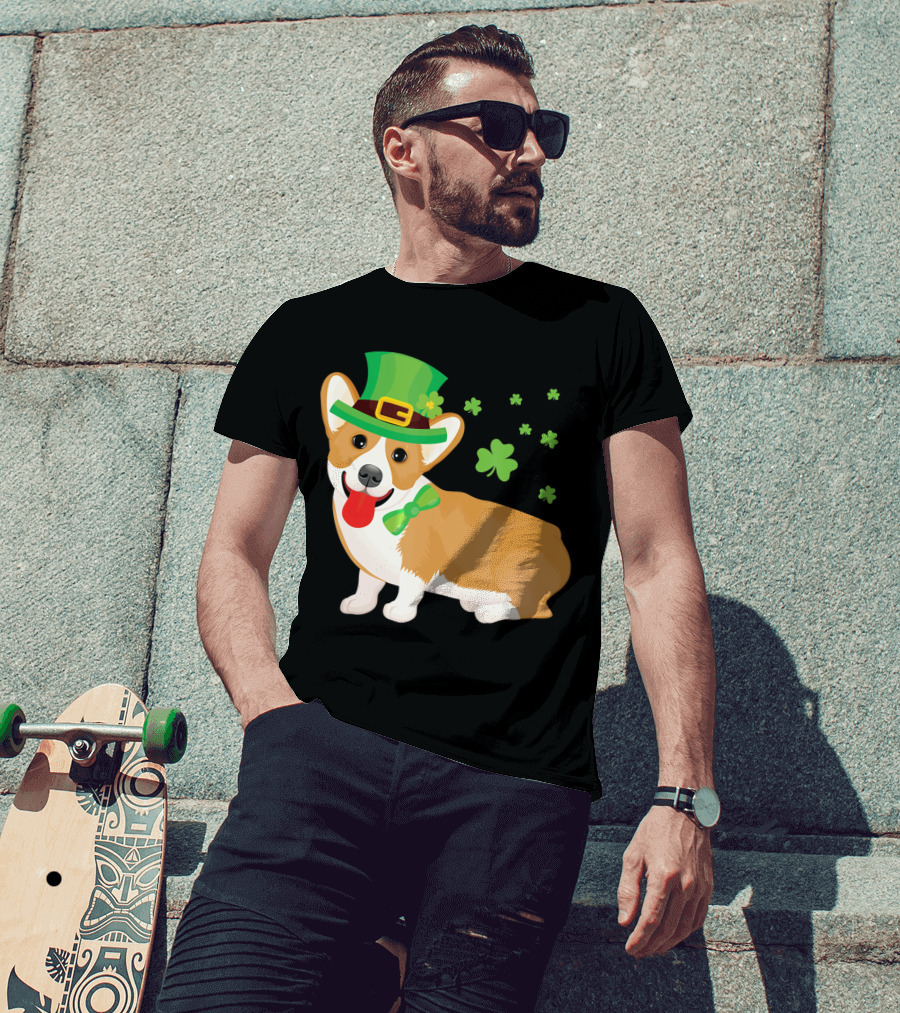 Corgi St Patrick's Day Lucky Shamrocks And Green Leprechaun Hat T-Shirt