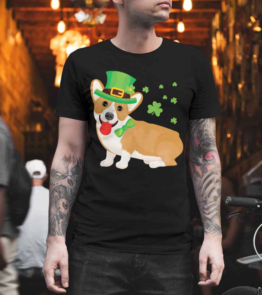 Corgi St Patrick's Day Lucky Shamrocks and Green Leprechaun Hat T-Shirt
