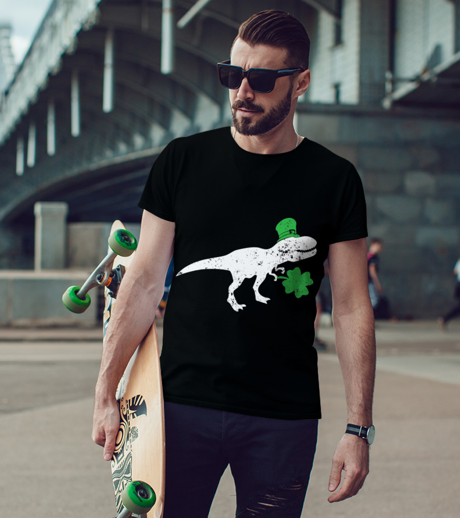 T-Rex Dinosaur With Leprechaun Hat And Shamrock For St Patricks Day T-Shirt