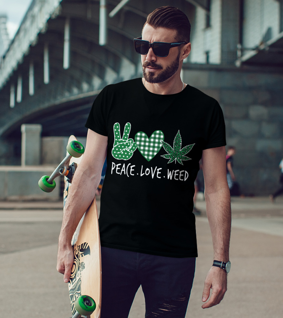 Peace Love Weed Shamrocks Green Heart Weed Leaf T-Shirt