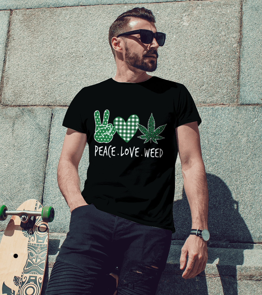 Peace Love Weed Shamrocks Green Heart Weed Leaf T-Shirt