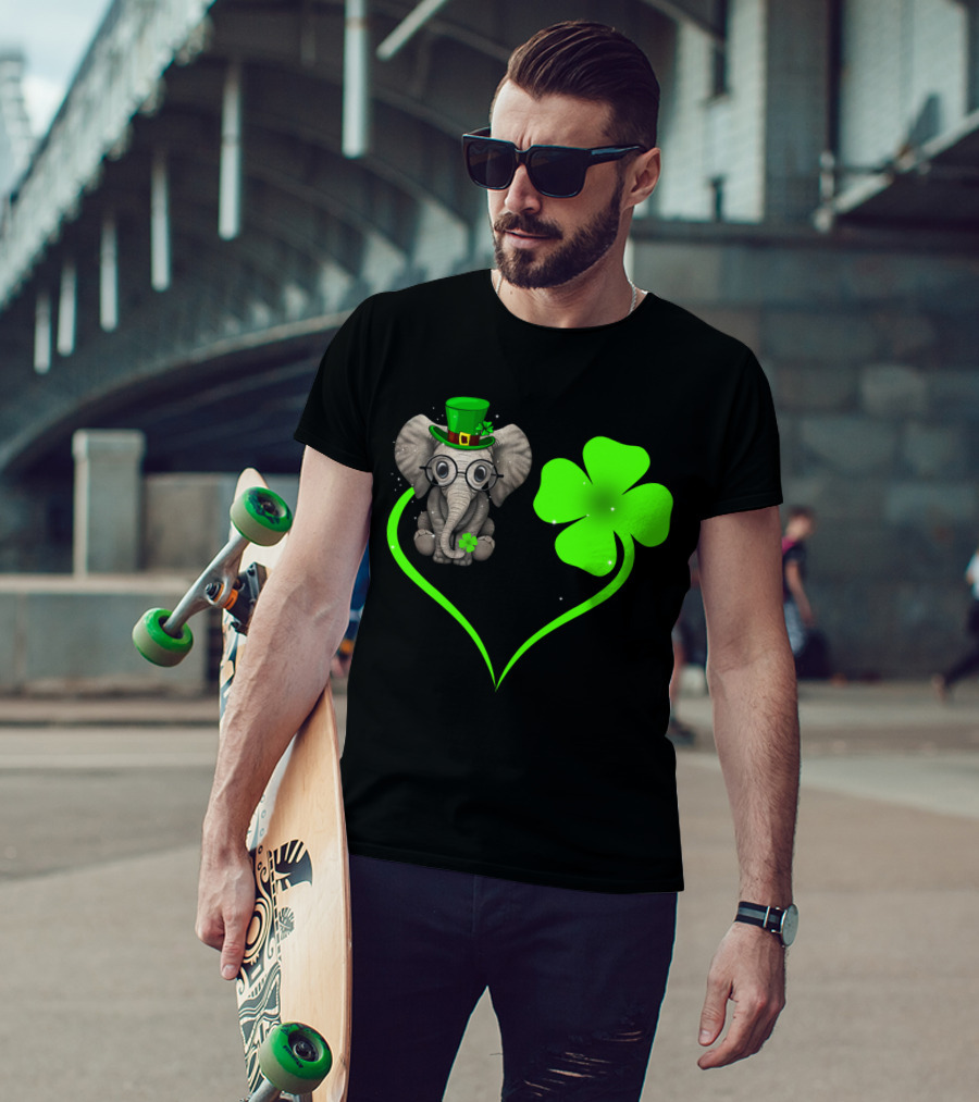 Elephant Wearing St. Patrick's Day Hat With Four-Leaf Clover And Heart-Shaped Shamrock Love T-Shirt