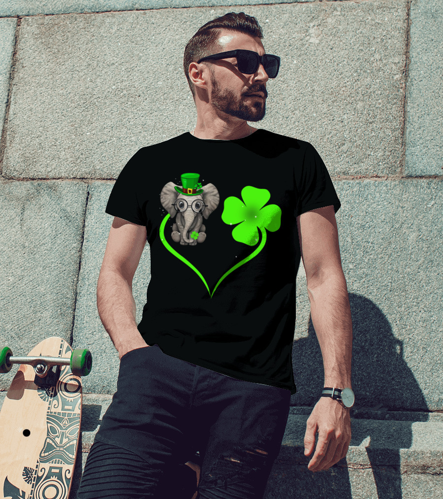 Elephant Wearing St. Patrick's Day Hat With Four-Leaf Clover And Heart-Shaped Shamrock Love T-Shirt
