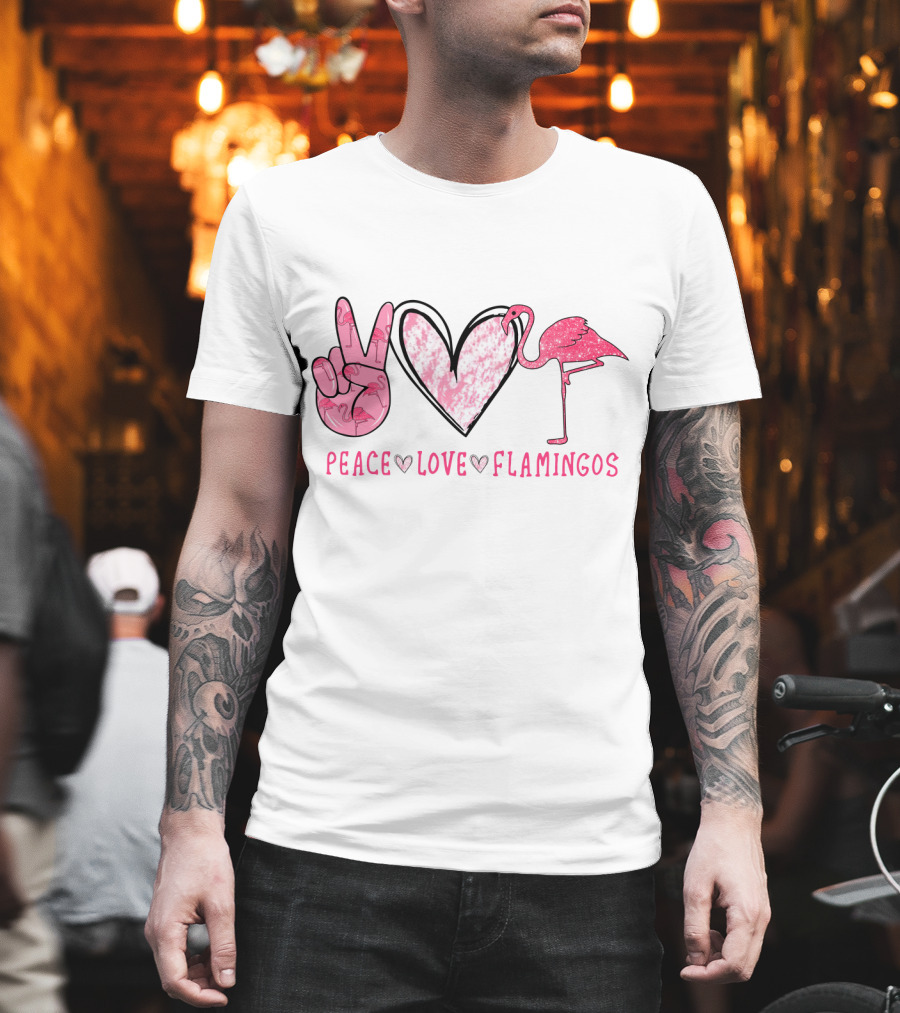 Peace Love Flamingos Pink Heart And Flamingo T-Shirt