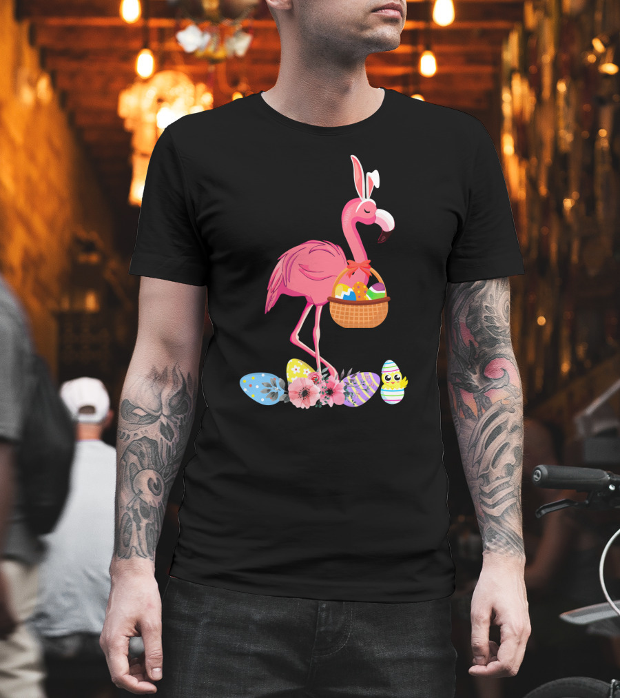 Flamingo With Easter Basket And Colorful Eggs T-Shirt