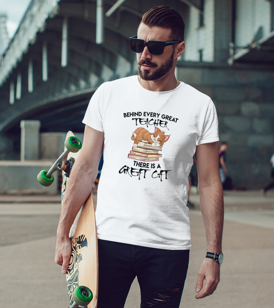 Behind Every Great Teacher There Is A Sleeping Cat On Books T-Shirt