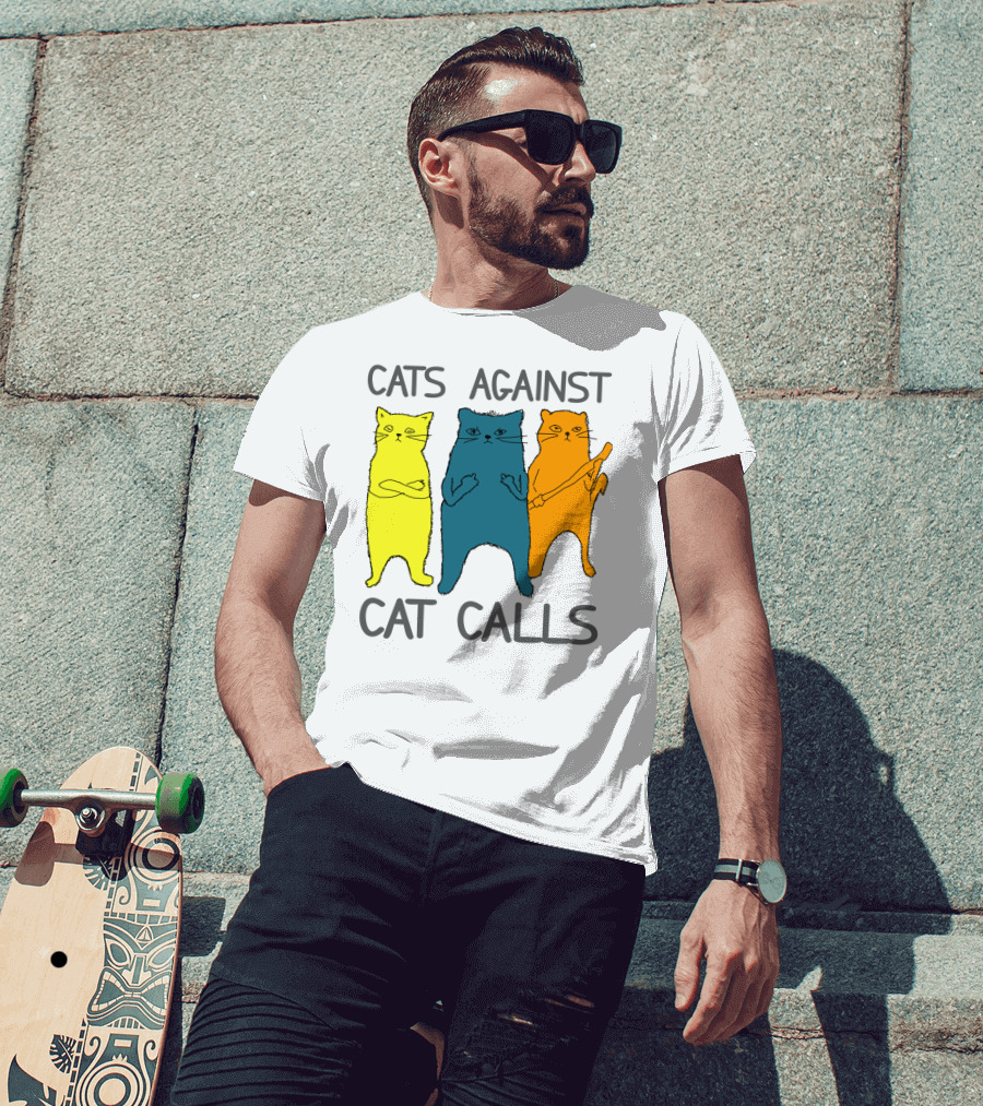 CATS AGAINST CAT CALLS Three Colorful Cats United Stance T-Shirt