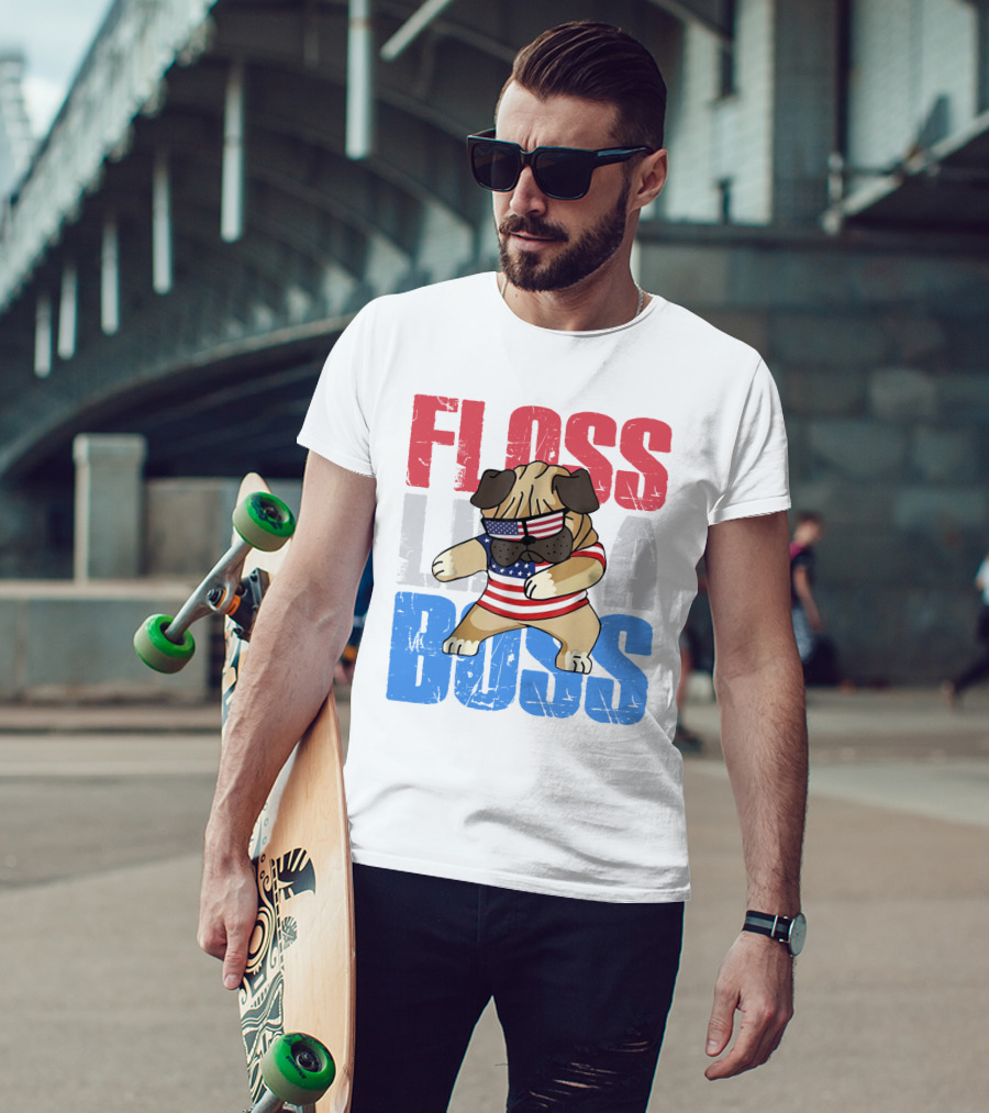Floss Like A Boss American Flag Bulldog With Sunglasses T-Shirt
