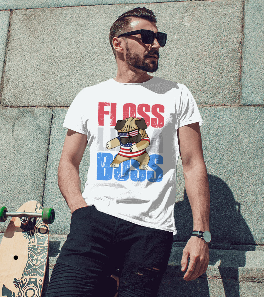 Floss Like A Boss American Flag Bulldog With Sunglasses T-Shirt