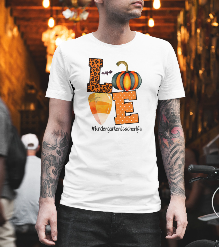Love Kindergarten Teacher Life Halloween Pumpkin Candy Corn Leopard Print T-Shirt