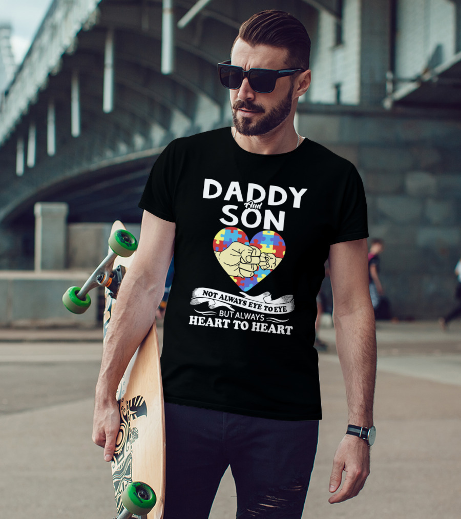 Daddy And Son Not Always Eye To Eye But Always Heart To Heart Puzzle Heart Fist Bump T-Shirt