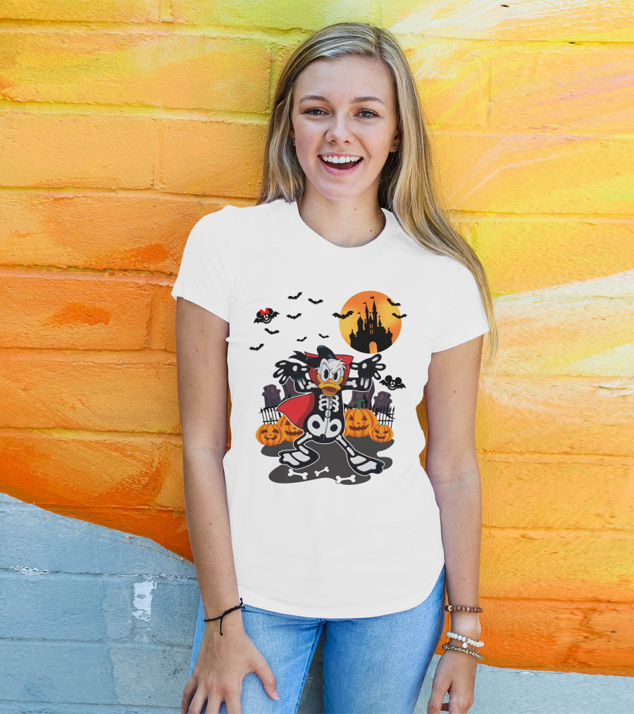 Donald Duck Halloween Skeleton Costume With Bats And Castle T-Shirt