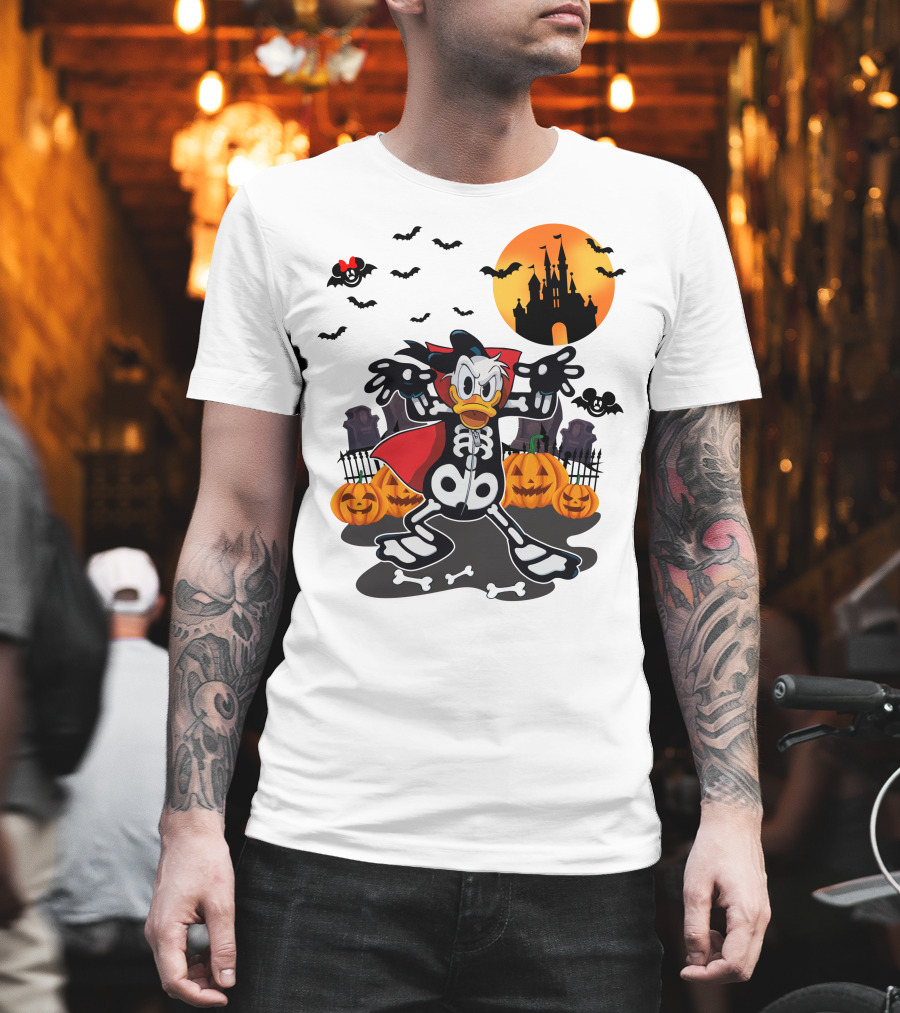 Donald Duck Halloween Skeleton Costume With Bats And Castle T-Shirt