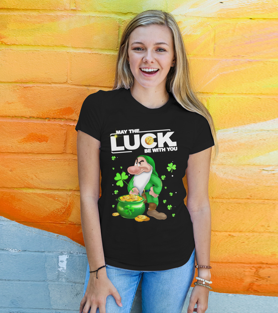 MAY THE LUCK BE WITH YOU Grumpy Gnome With Coins And Clovers T-Shirt