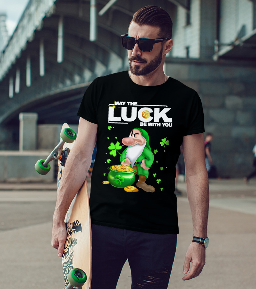 MAY THE LUCK BE WITH YOU Grumpy Gnome With Coins And Clovers T-Shirt