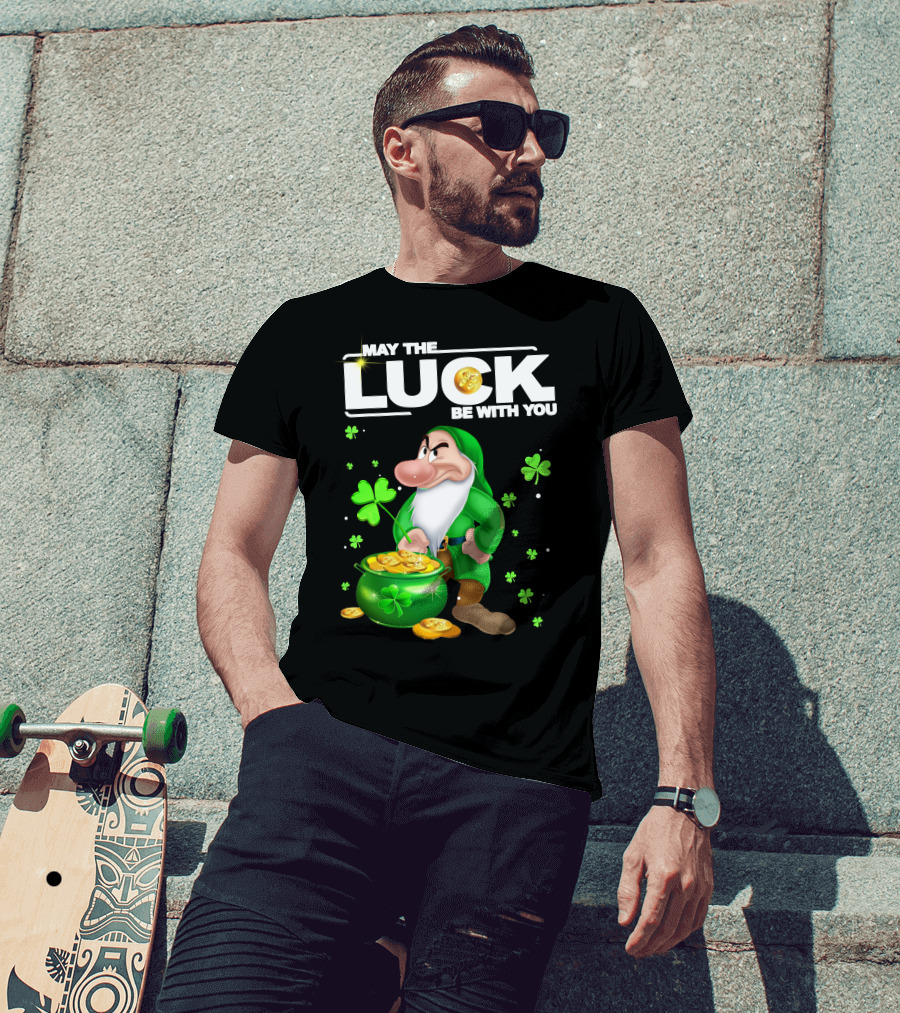 MAY THE LUCK BE WITH YOU Grumpy Gnome With Coins And Clovers T-Shirt