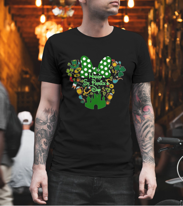 Happy St. Patrick's Day Minnie Mouse Bow Green Castle and Irish Symbols T-Shirt Happy St. Patrick's Day Minnie Mouse Bow Green Castle and Irish Symbols T-Shirt